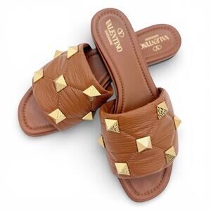 Valentino Garavani Roman Stud Slide Sandals EU 38.5 US 8.5 Brown Leather Mule